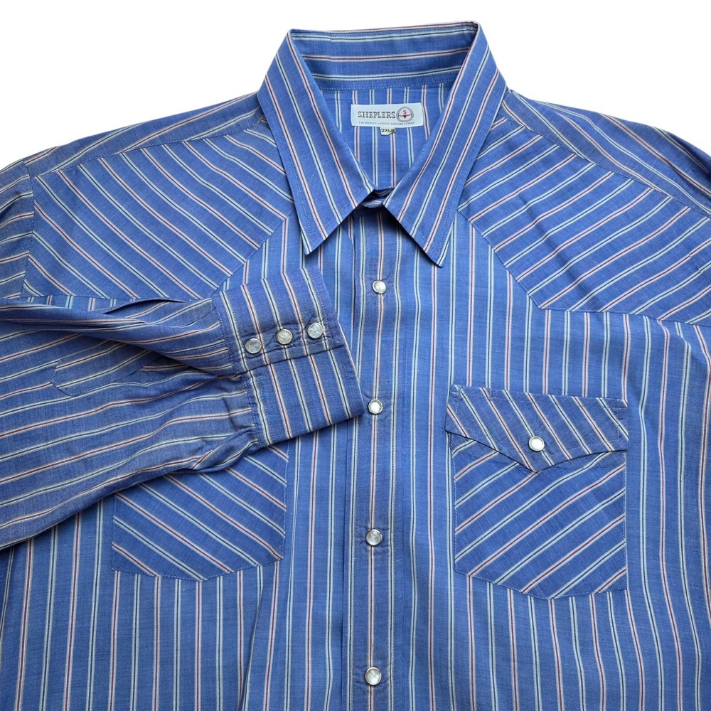 Sheplers Western Pearl Snap Shirt Blue Stripe Long Sleeve 2XLT Broken Snap‎ Cuff